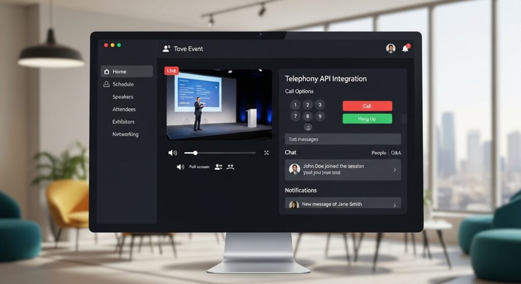 Interface de plataforma de eventos online/híbridos com integração de telefonia via API, mostrando opções de chamada, chat e notificações.