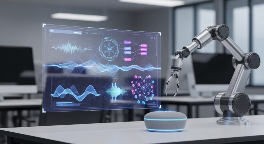 Representação visual de automação de atendimento com bots de voz e IA, elementos futuristas com ondas sonoras e interfaces digitais.