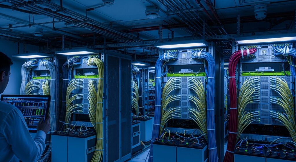 Sistema de backup e failover para continuidade de negócios, mostrando redundância de sistemas telefônicos e proteção contra falhas