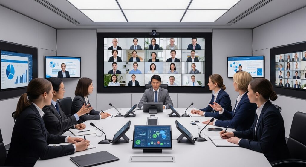 Sala de conferência virtual com múltiplas pessoas conectadas via telefonia IP, telas mostrando participantes remotos.