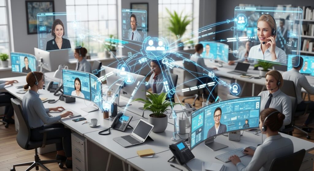 Sistema de roteamento inteligente de chamadas mostrando fluxos de comunicação direcionando chamadas para diferentes departamentos e equipes remotas.