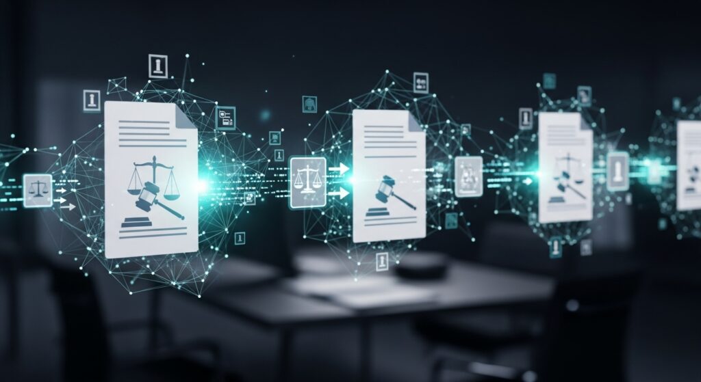 Conceito de fax virtual: documentos digitais sendo transmitidos de forma segura através de uma rede digital.