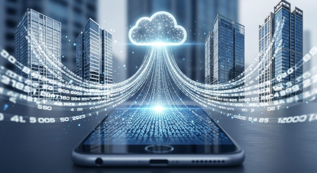 Conceito de portabilidade numérica: números de telefone se movendo entre diferentes torres de celular e escritórios, representando flexibilidade e mobilidade.