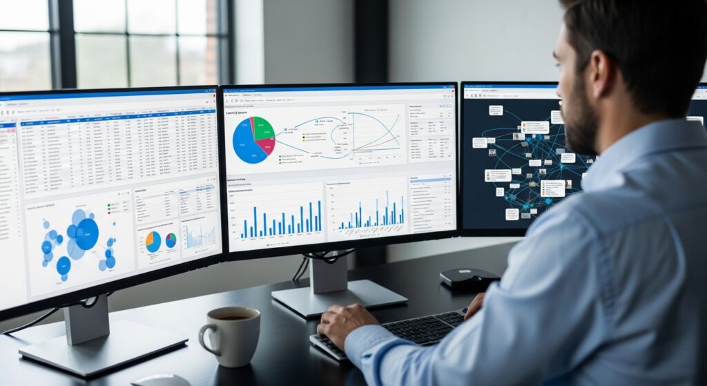 Dashboard analítico com gráficos e relatórios detalhados de chamadas telefônicas, métricas de performance e dados de auditoria.