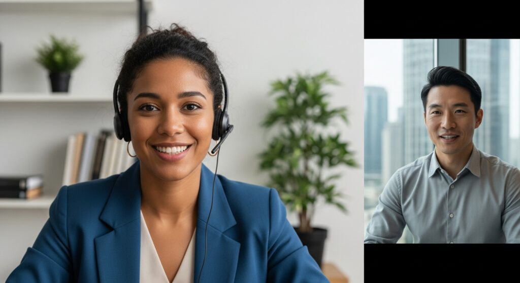 Interface de URA inteligente multilíngue para eventos corporativos internacionais, com opções de idioma e bandeiras de diferentes países.