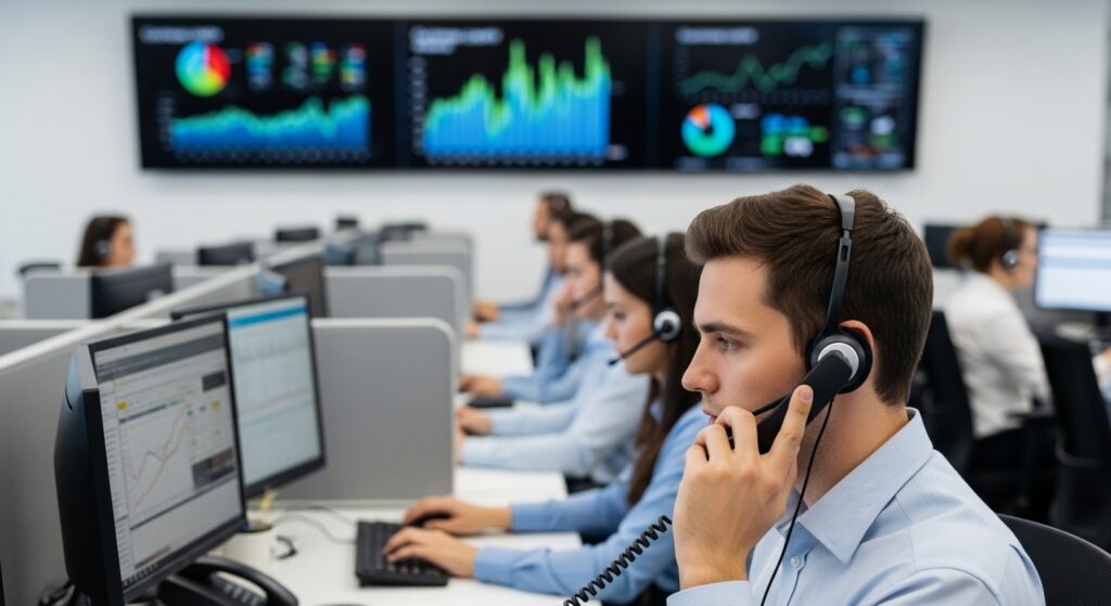 Pessoa em call center realizando campanha ativa por telefone, com gráficos de fidelização de clientes e pesquisa de satisfação em segundo plano.