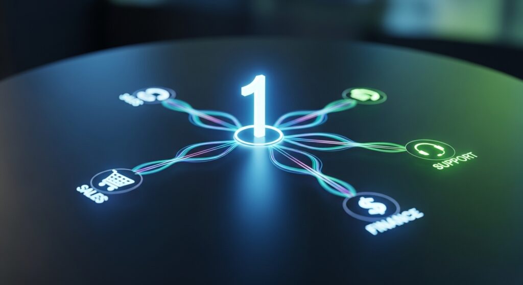 Diagrama de centralização de contatos telefônicos, com um número único direcionando chamadas para diferentes departamentos (vendas, suporte, financeiro).