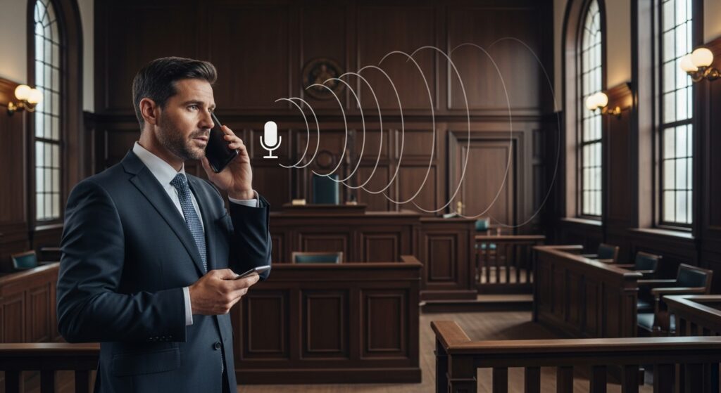 Microfone e ondas sonoras digitais, representando a gravação de chamadas telefônicas para fins de segurança jurídica e registro de acordos.