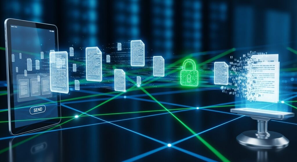 Conceito de fax virtual: documentos digitais sendo transmitidos de forma segura através de uma rede digital