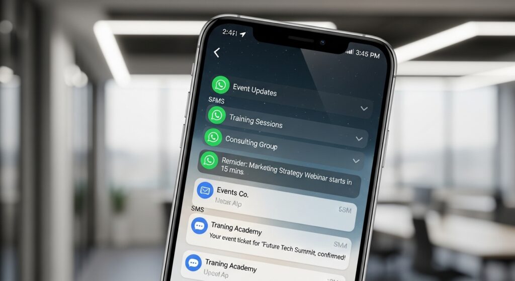 Smartphone exibindo notificações de SMS e WhatsApp, com ícones de eventos, treinamentos e consultorias, representando a mensageria integrada.