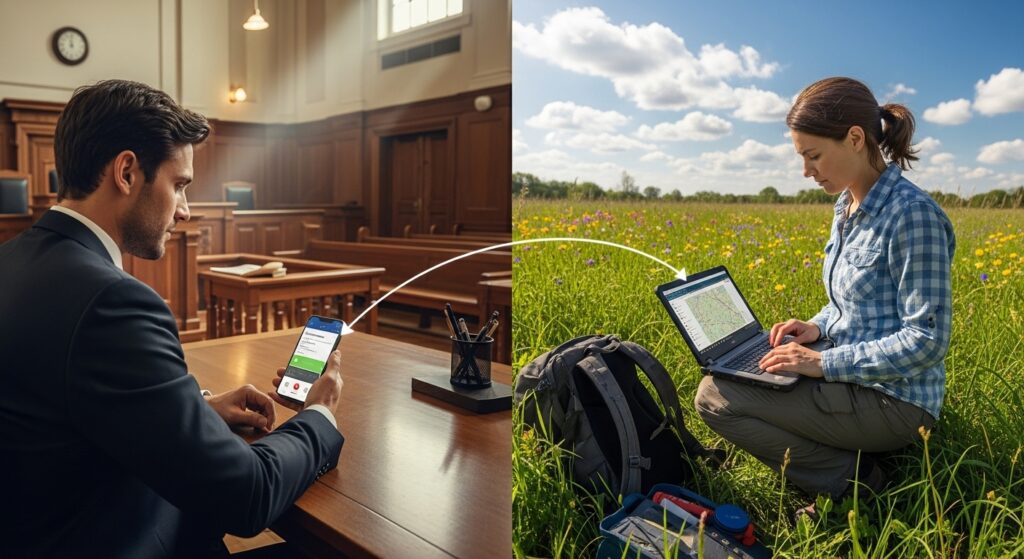 Advogado usando smartphone com ramal corporativo em tribunal, consultor usando notebook em campo, representando mobilidade e conexão.