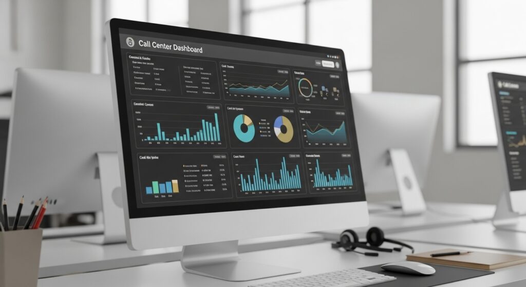 Dashboard de monitoramento de performance de equipe de atendimento telefônico, com gráficos de métricas, KPIs e indicadores de produtividade.