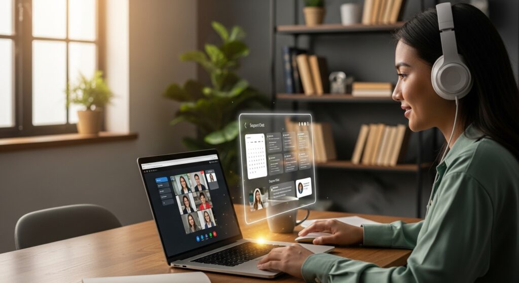 Aluno em treinamento online usando fones de ouvido e notebook, com interface de telefonia personalizada para suporte e agendamento.