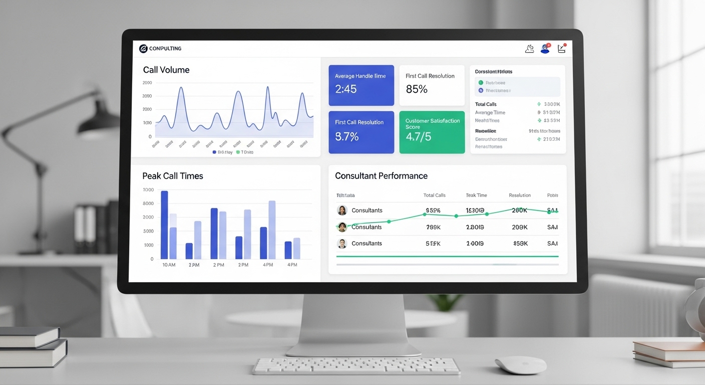 Dashboard de relatórios de chamadas para consultoria, mostrando gráficos de volume, horários de pico e métricas de performance em interface profissional
