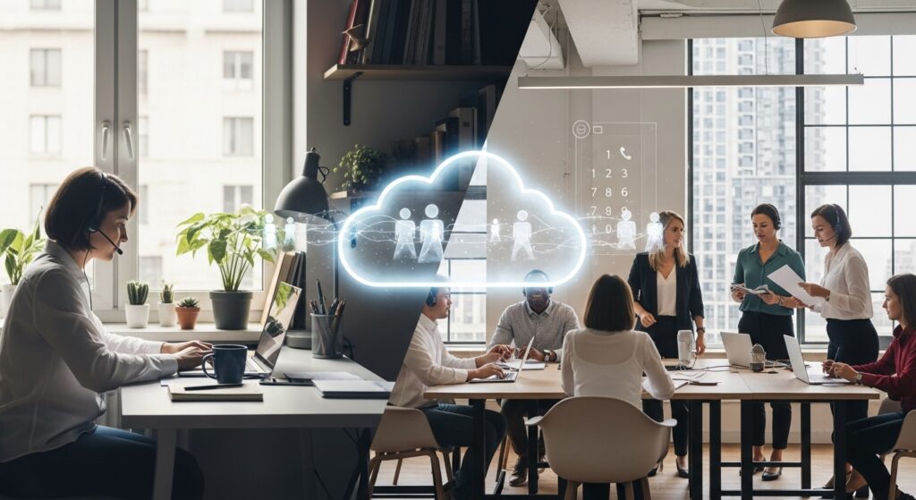 Pessoas trabalhando em home office e coworking, conectadas por um sistema de telefonia em nuvem, representando suporte a times distribuídos.