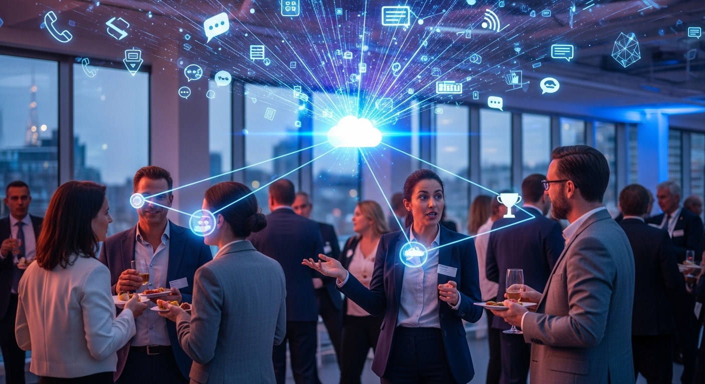 Pessoas em um evento de networking, com elementos de telefonia em nuvem e comunicação digital conectando-as, representando a telefonia como diferencial competitivo.