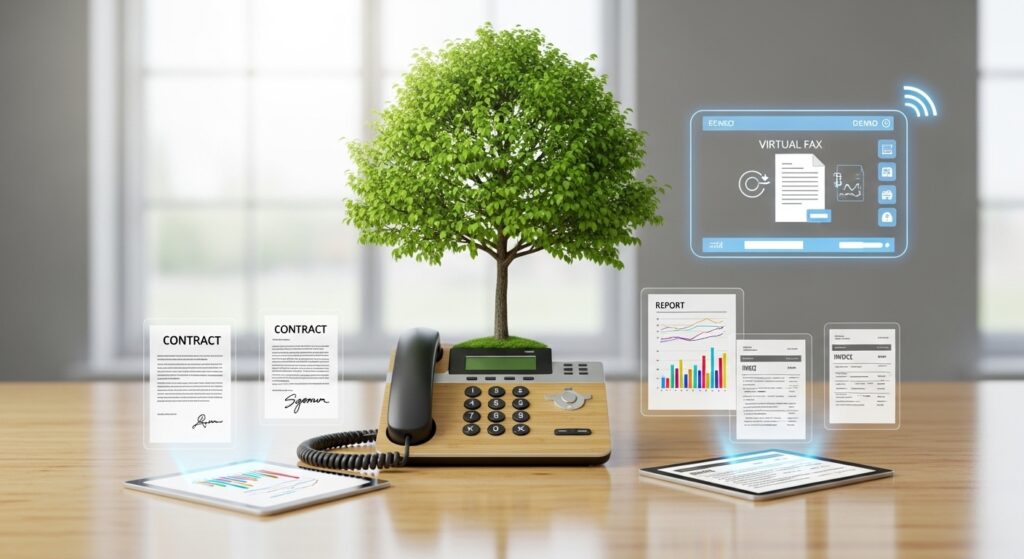 Conceito de telefonia ecológica com redução do papel, mostrando uma árvore crescendo de um telefone, com documentos digitais e fax virtual.