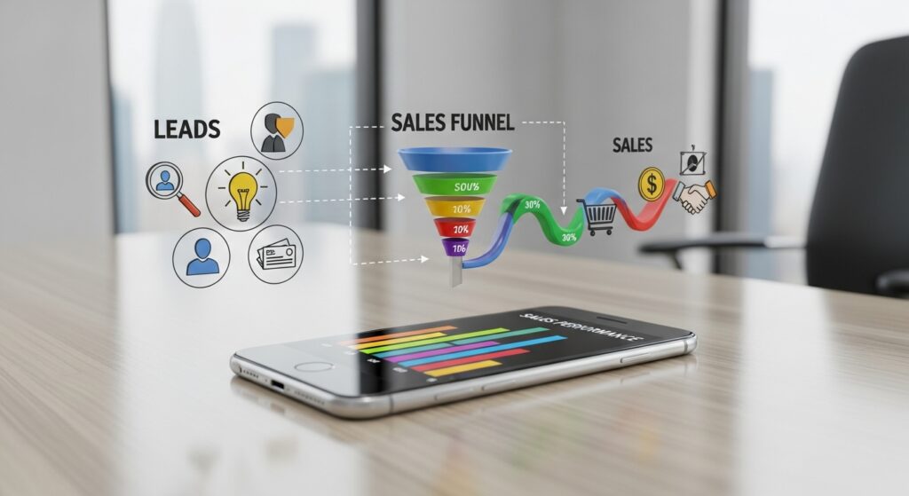 Telefone com ícones de leads e funil de vendas, representando a telefonia como um canal de geração de leads para eventos e treinamentos.