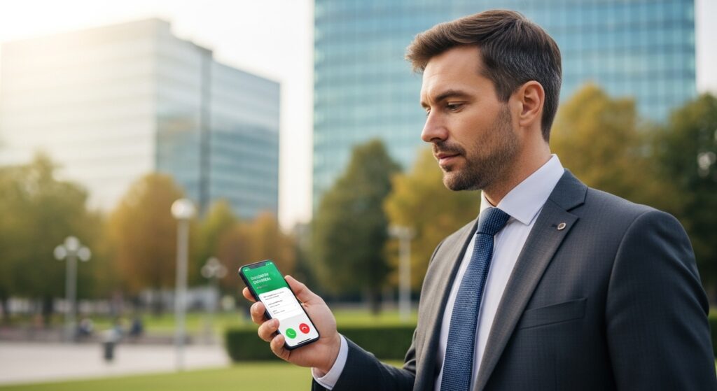 Advogado ou consultor usando smartphone com aplicativo de ramal corporativo, mostrando mobilidade profissional e conectividade em ambiente externo