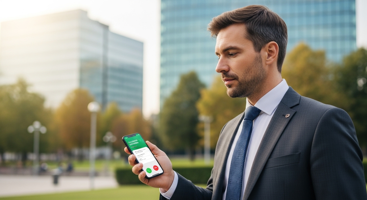 Advogado ou consultor usando smartphone com aplicativo de ramal corporativo, mostrando mobilidade profissional e conectividade em ambiente externo